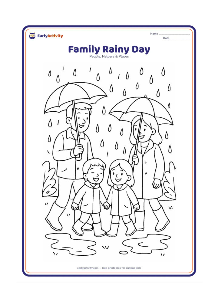 Colouring page: Show two adults and two children sharing umbrellas while walking home through a gentle rain. Include puddles, rain boots, a house and leafy plants.