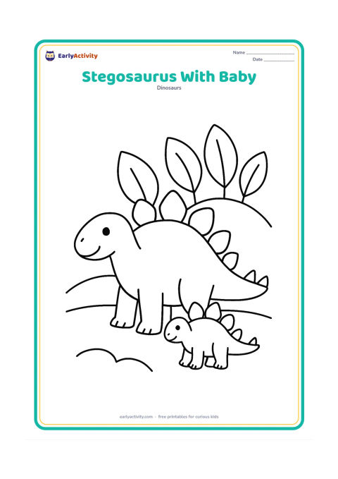 Colouring page: Draw a large adult stegosaurus beside a much smaller friendly stegosaurus, both facing the same way. Add three broad leaves and a simple rounded hill behind them.