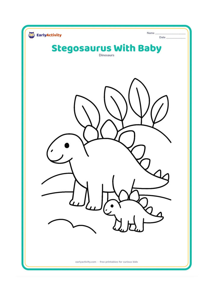 Colouring page: Draw a large adult stegosaurus beside a much smaller friendly stegosaurus, both facing the same way. Add three broad leaves and a simple rounded hill behind them.