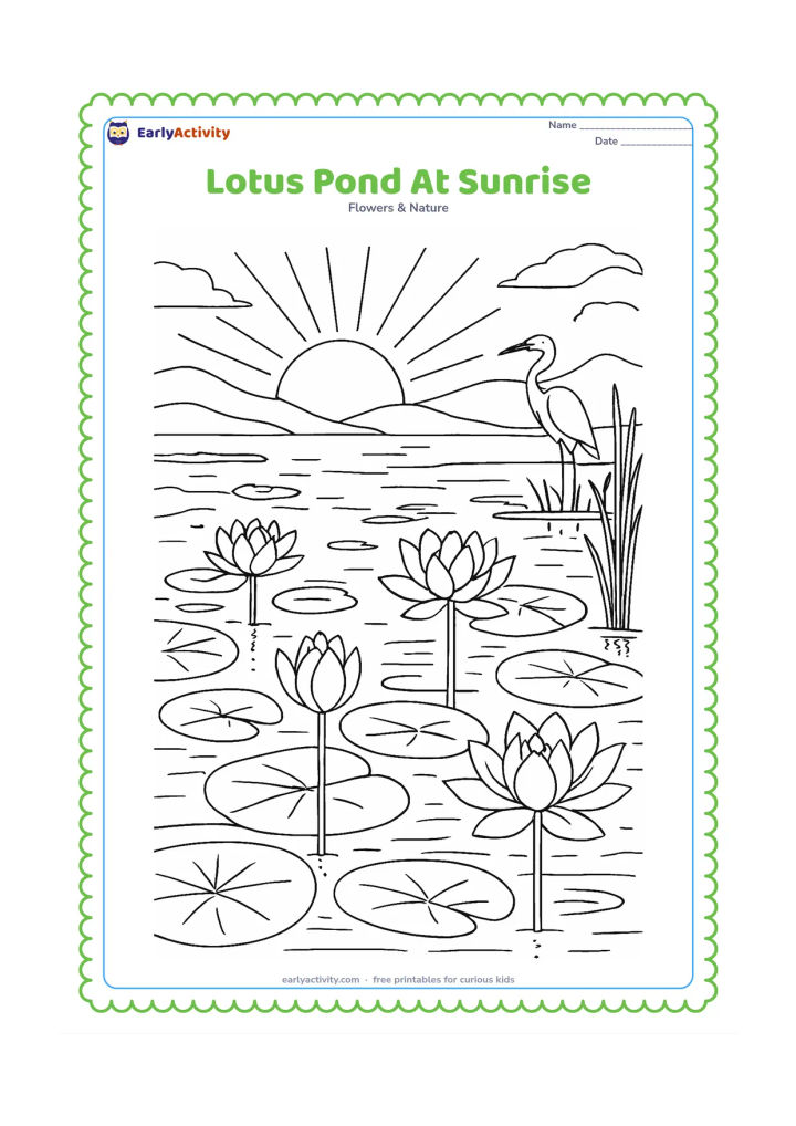 Colouring page: Draw a detailed pond at sunrise with several lotus flowers at different stages, broad floating leaves, reeds, a heron in the distance and layered hills beyond. Add reflections and varied…
