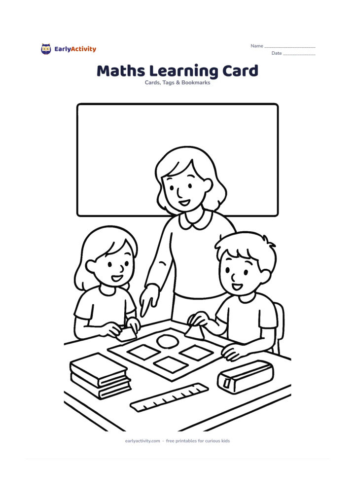 Worksheet: A teacher helps two children arrange blank shape tiles on a classroom table, with a ruler, pencil case, books and a large empty message panel above. The tiles and board must contain no…