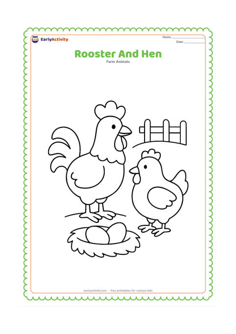 Colouring page: Draw a rooster beside one rounded hen in a farmyard. Include a simple nest with two large eggs and a short fence in the background.