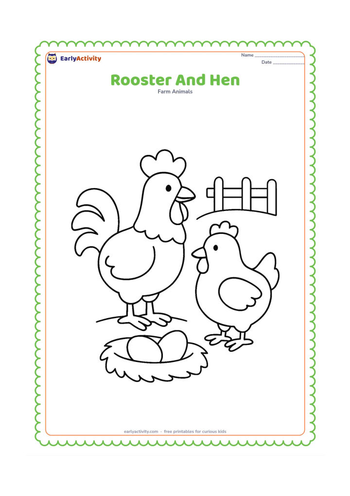 Colouring page: Draw a rooster beside one rounded hen in a farmyard. Include a simple nest with two large eggs and a short fence in the background.