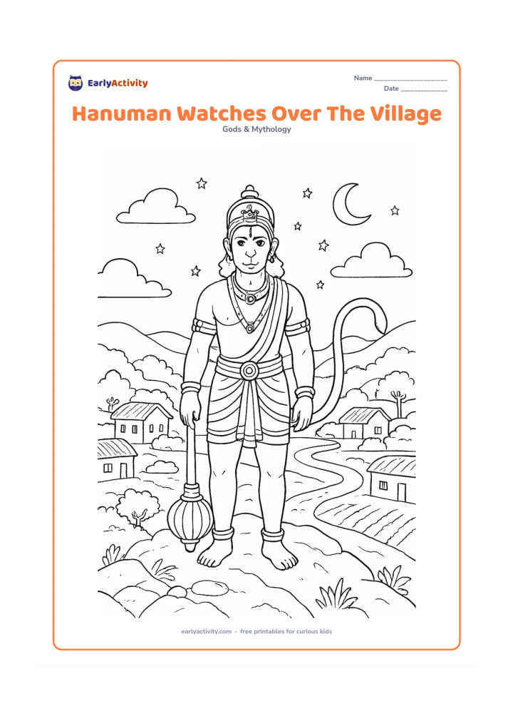 Colouring page: Draw Hanuman standing calmly on a rocky hill at dusk with his gada planted beside him and his tail sweeping across the foreground. Below him, show Indian village homes with blank…