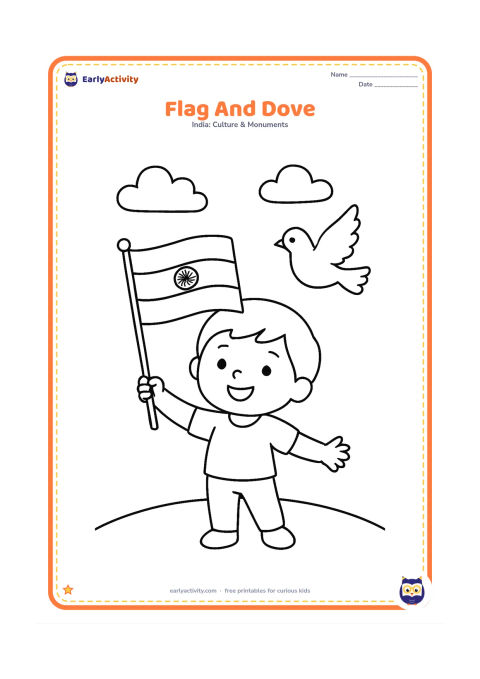 Colouring page: Draw a child holding an Indian flag while a single peaceful dove flies beside it. Add a curved ground line and two simple clouds.