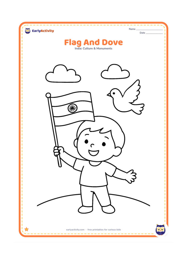 Colouring page: Draw a child holding an Indian flag while a single peaceful dove flies beside it. Add a curved ground line and two simple clouds.