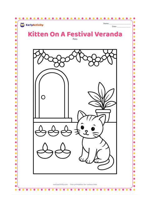 Colouring page: A kitten sits safely beside a decorated veranda with a row of simple clay lamps, flower garlands and potted plants. Show a doorway and a clean floor, with no flames or tiny decorations.