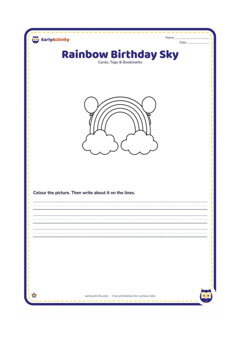 Worksheet: Draw a large rainbow arching over two rounded clouds, with one large balloon at each side. Leave a wide blank cloud area for a handwritten message.