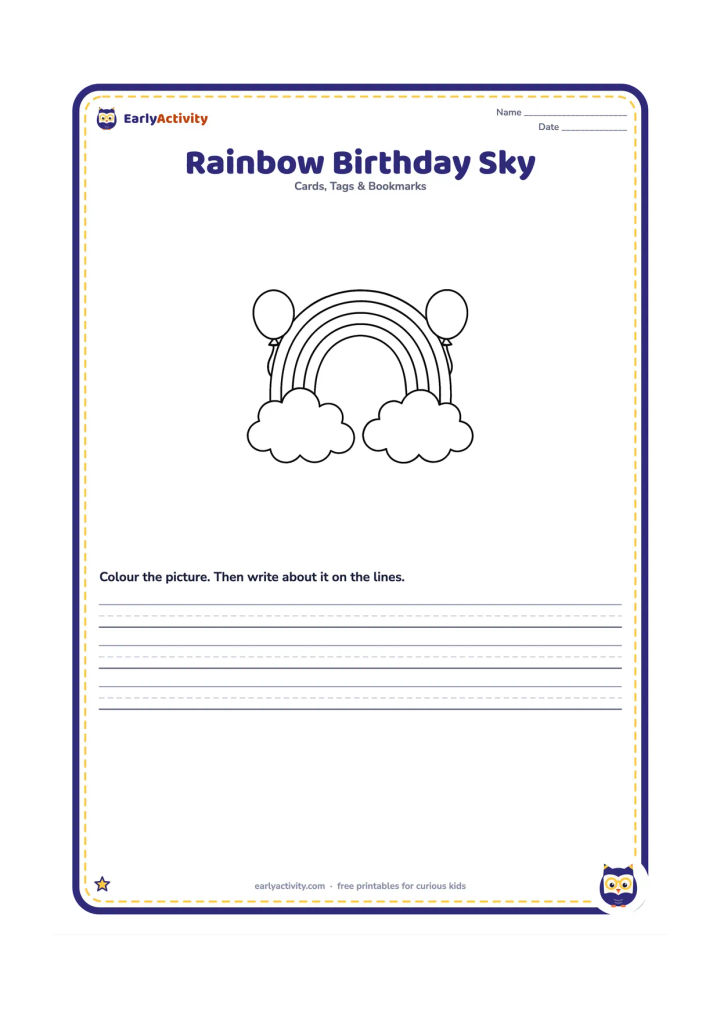 Worksheet: Draw a large rainbow arching over two rounded clouds, with one large balloon at each side. Leave a wide blank cloud area for a handwritten message.