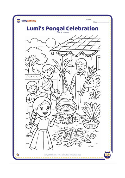 Colouring page: Lumi celebrates Pongal in a Tamil Nadu village courtyard with a family preparing a decorated overflowing pot, sugar-cane bundles, banana leaves, kolam patterns and flower garlands.…