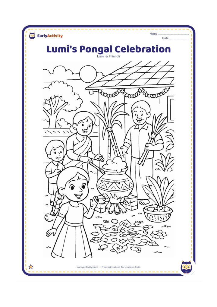 Colouring page: Lumi celebrates Pongal in a Tamil Nadu village courtyard with a family preparing a decorated overflowing pot, sugar-cane bundles, banana leaves, kolam patterns and flower garlands.…