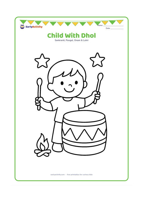 Colouring page: Draw one smiling child standing beside a large round dhol and holding one drumstick in each hand. Place a tiny bonfire and two stars in the background.