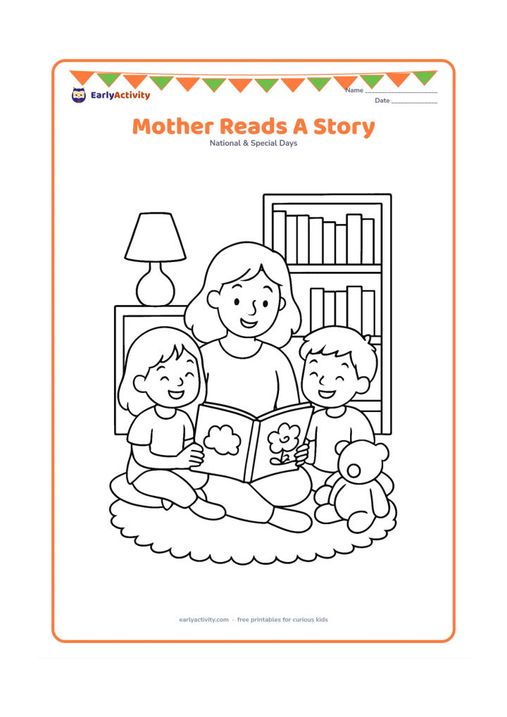 Colouring page: A mother reads an open picture book while two children sit beside her on a rug, listening happily. Add cushions, a bookshelf with blank book spines, a lamp and a soft toy without facial…