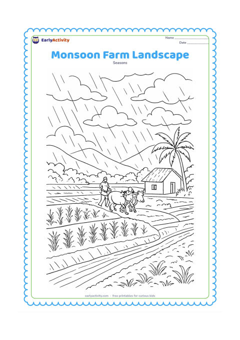 Colouring page: A detailed Indian countryside scene shows rain falling over terraces of crops, a farmer guiding a pair of oxen at a distance, a full irrigation channel, a village hut, palms, and layered…