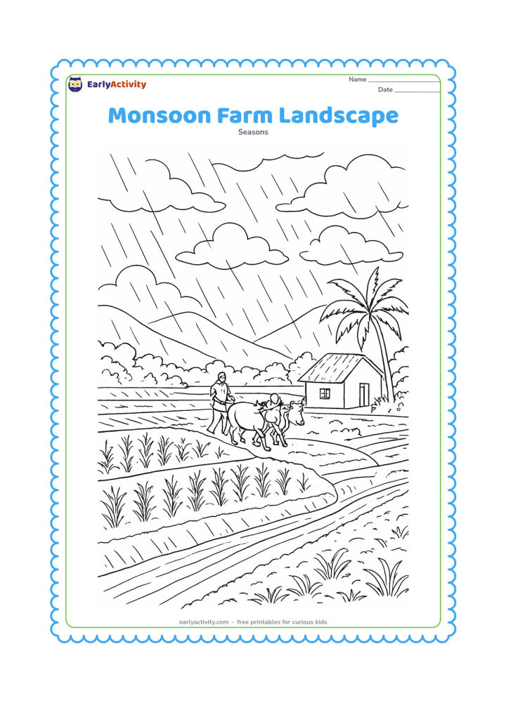Colouring page: A detailed Indian countryside scene shows rain falling over terraces of crops, a farmer guiding a pair of oxen at a distance, a full irrigation channel, a village hut, palms, and layered…