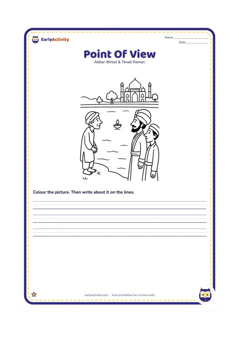 Worksheet: Show the poor man, Akbar and Birbal standing in separate parts of a lake scene, each looking toward the distant lamp from a different position. Use a clear shoreline and palace garden.