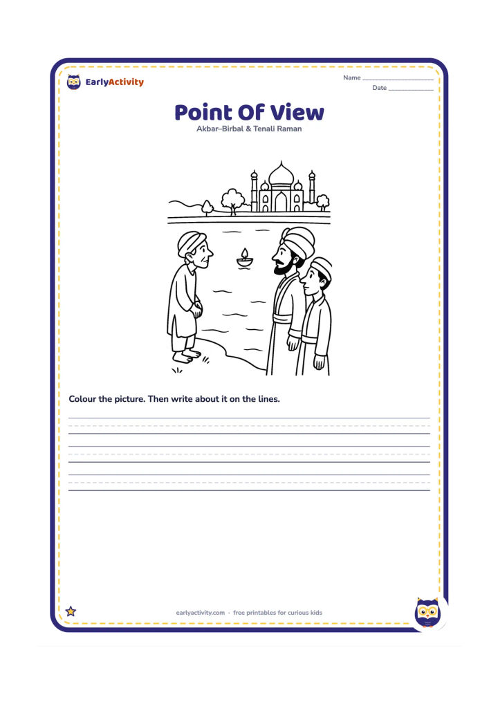 Worksheet: Show the poor man, Akbar and Birbal standing in separate parts of a lake scene, each looking toward the distant lamp from a different position. Use a clear shoreline and palace garden.