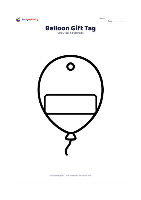 Worksheet: Draw one large balloon-shaped gift tag with a small hole near the top, a curved string, and a wide blank panel across the lower half for a name. Add one tiny knot at the bottom of the…