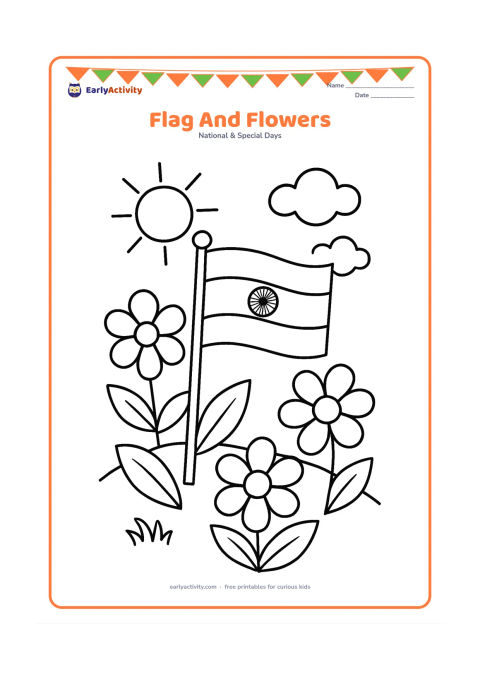 Colouring page: Draw an Indian flag on a short pole surrounded by three large flowers and broad leaves in a garden. Add a simple sun and two fluffy clouds behind the flag.