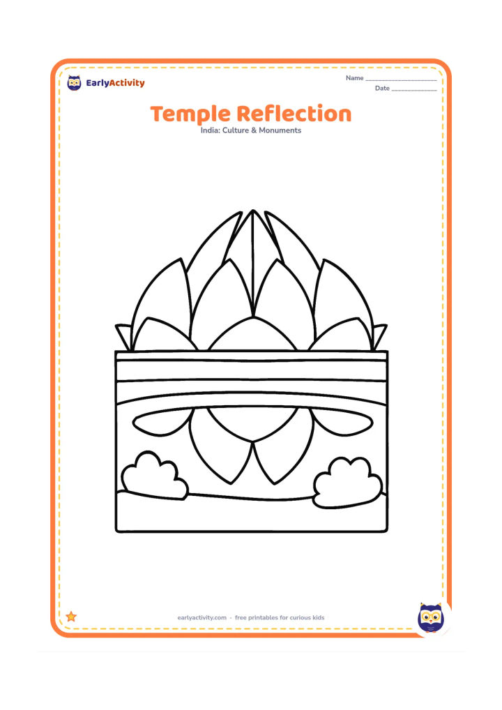 Colouring page: Show a large Lotus Temple above one broad pool that reflects its main petal shapes, with a simple grassy bank and two rounded bushes. Keep the reflection recognizable but not detailed.