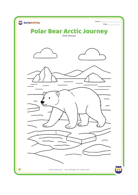 Colouring page: A polar bear walks across sea ice beside a breathing-hole opening, distant icebergs, low Arctic mountains, and a calm ocean horizon.