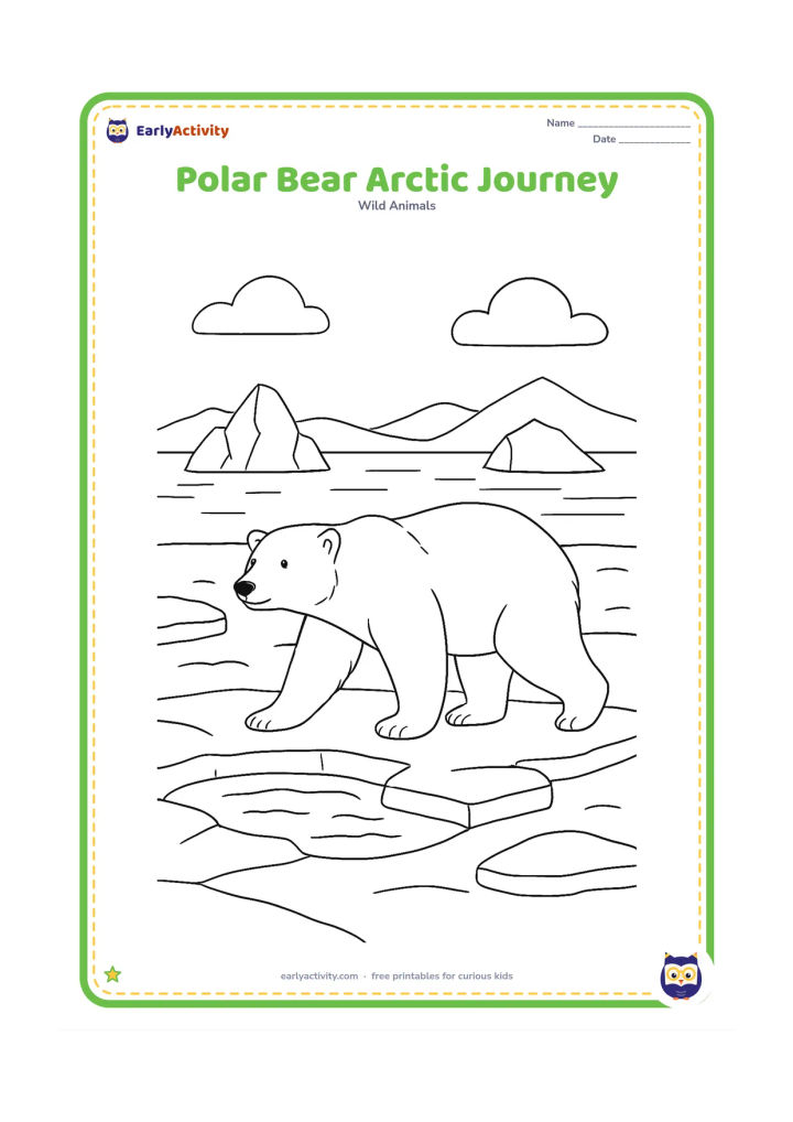 Colouring page: A polar bear walks across sea ice beside a breathing-hole opening, distant icebergs, low Arctic mountains, and a calm ocean horizon.