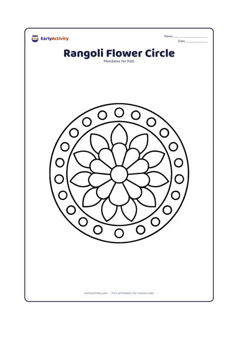 Colouring page: A simple circular rangoli-inspired pattern with a large central flower, broad teardrop petals, leaf shapes, and evenly spaced dots around the edge. Use balanced symmetry without copying…