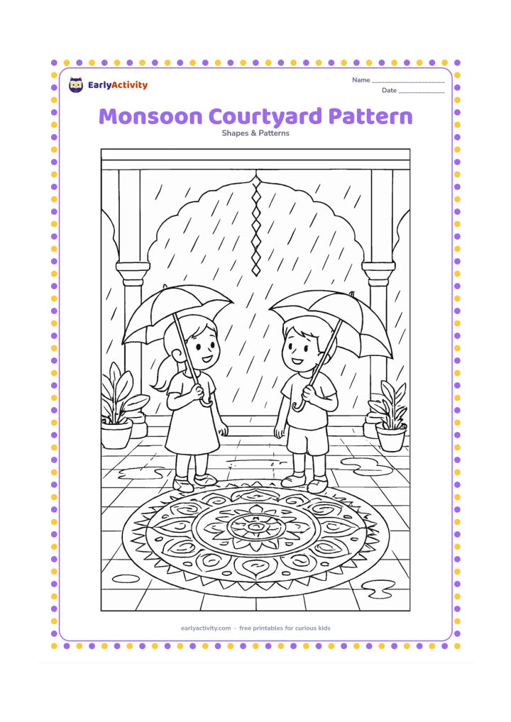 Colouring page: Draw children watching monsoon rain from a covered Indian courtyard, where a large rangoli has repeating circles, diamonds, petals, and curved lines. Add geometric rain chains, tiled…