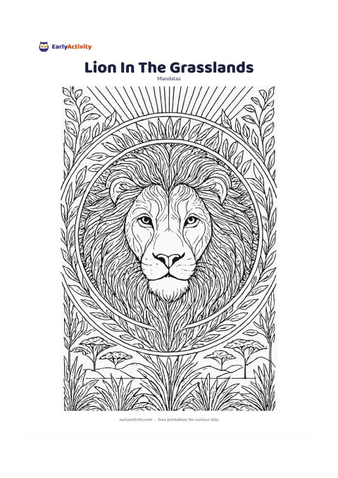 Colouring page: Show a peaceful lion facing forward in the centre, with its mane expanding into a circular pattern of leaves, grasses, sun rays, and repeated curved locks of fur. Add small acacia…