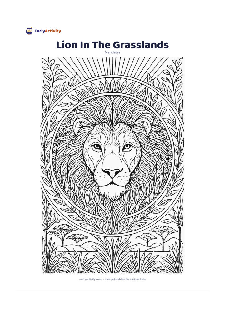Colouring page: Show a peaceful lion facing forward in the centre, with its mane expanding into a circular pattern of leaves, grasses, sun rays, and repeated curved locks of fur. Add small acacia…