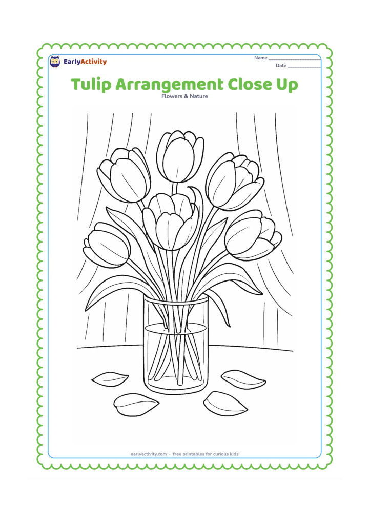 Colouring page: Draw a close-up arrangement of tulips in a glass vase, showing overlapping cup-shaped flowers, curved stems visible through the water, long leaves and a few loose petals on a tabletop.…