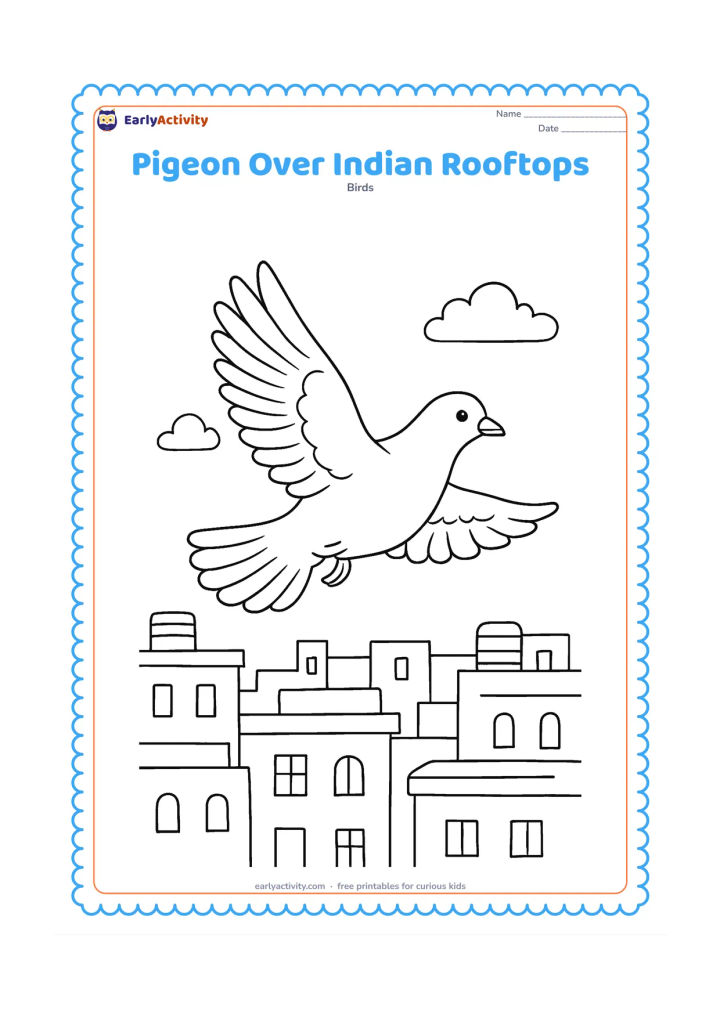 Colouring page: A pigeon flies above a row of Indian city rooftops with a few windows, rooftop water tanks, and simple parapets. Show the pigeon in side view with wings spread and plenty of sky around it.