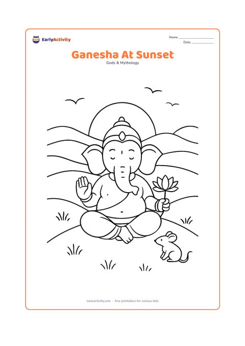 Colouring page: Lord Ganesha sits on a hill at sunset with one hand raised in blessing and a lotus beside him. Include layered hills, a large sun, a few birds, a small mouse and simple grass tufts.
