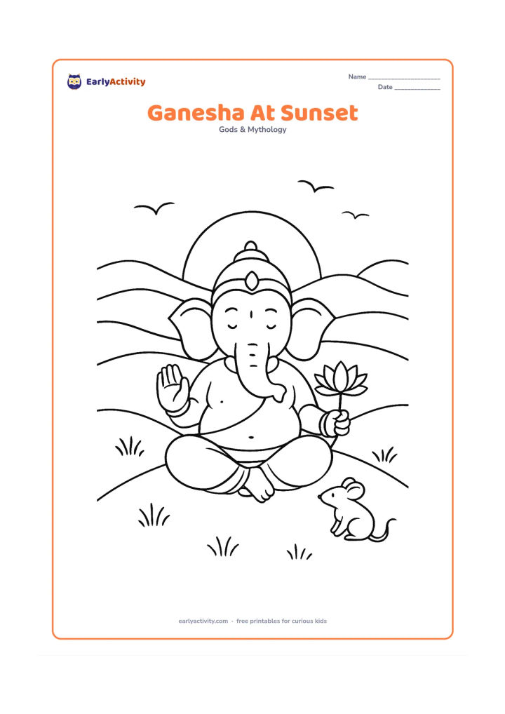 Colouring page: Lord Ganesha sits on a hill at sunset with one hand raised in blessing and a lotus beside him. Include layered hills, a large sun, a few birds, a small mouse and simple grass tufts.