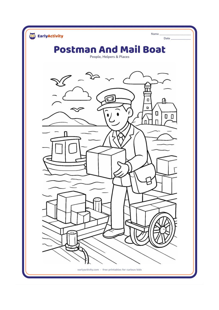 Colouring page: A postman transfers a parcel from a small mail boat to a dockside cart near a coastal village. Include water, a simple pier, stacked parcels, a lighthouse and seabirds.