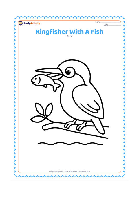 Colouring page: A kingfisher stands on a low branch holding one small fish in its pointed beak. Include one leaf cluster and a simple water line beneath the branch.