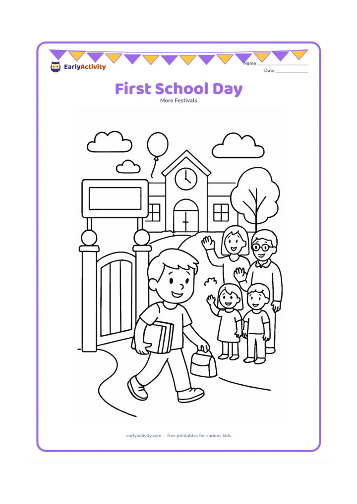 Colouring page: A child walks through a school gate carrying books and a lunch bag on the first school day after the holiday. Teachers and classmates wave nearby, with balloons, a clock and a tree in…