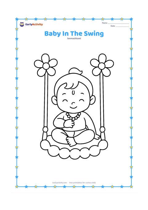 Colouring page: Draw baby Krishna sitting safely in a decorated hanging swing with large flower shapes on the ropes and a soft cushion below. Show the swing from the front.