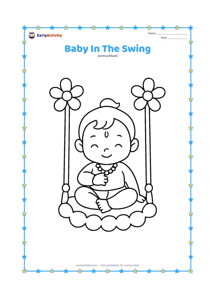 Colouring page: Draw baby Krishna sitting safely in a decorated hanging swing with large flower shapes on the ropes and a soft cushion below. Show the swing from the front.