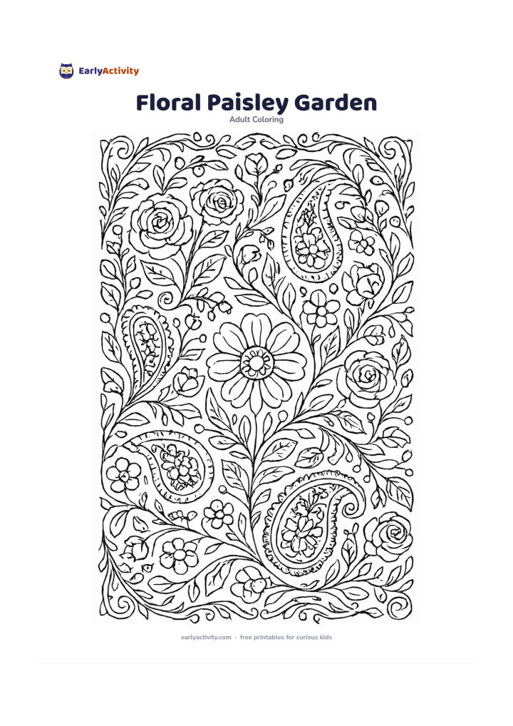 Colouring page: Draw a full-page repeating arrangement of paisleys, roses, leaves, curling stems, small berries and flower buds, balanced around a central open flower. Use mirrored sections and curved…