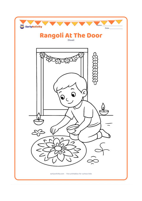 Colouring page: Draw a child kneeling outside an Indian home and filling a large rangoli with coloured powder from a small bowl. Show an open doorway, two diyas, flower garlands and a few simple floor…