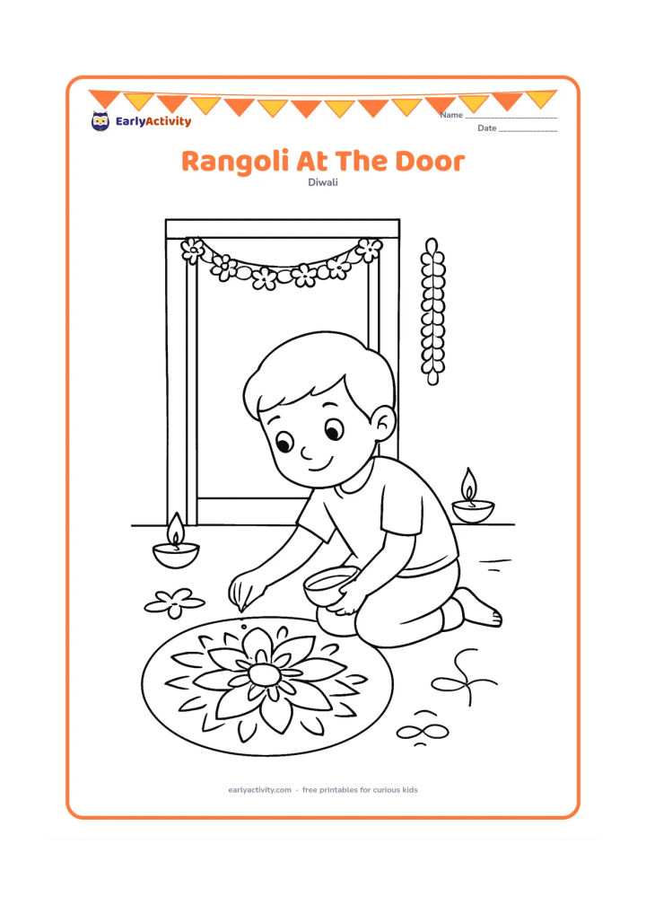 Colouring page: Draw a child kneeling outside an Indian home and filling a large rangoli with coloured powder from a small bowl. Show an open doorway, two diyas, flower garlands and a few simple floor…