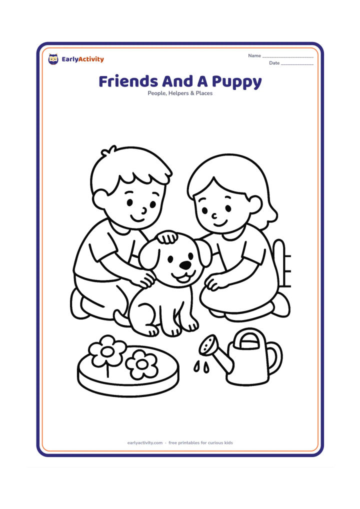 Colouring page: Two children crouch together to gently pet a friendly puppy in a garden. Include a round flower bed, a watering can, and a low fence with large simple shapes.