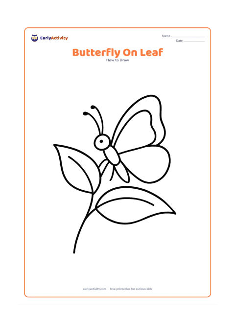 Worksheet: Show a side-view butterfly perched on one large leaf attached to a curved stem. Draw one visible wing, a small side-view body, head and antennae, with a second leaf in the background.
