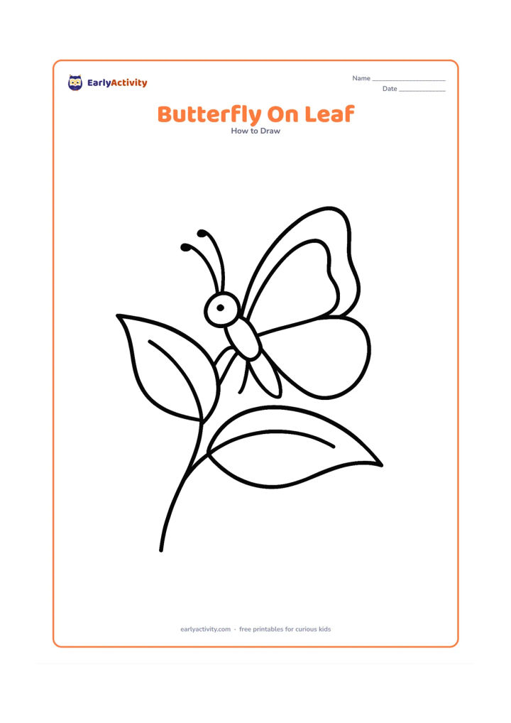 Worksheet: Show a side-view butterfly perched on one large leaf attached to a curved stem. Draw one visible wing, a small side-view body, head and antennae, with a second leaf in the background.