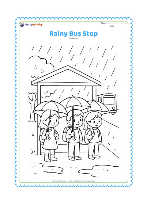 Colouring page: Three children wait under a simple covered bus shelter with umbrellas and backpacks while rain falls around them. Show a puddled roadside, a leafy tree, and a bus approaching in the…