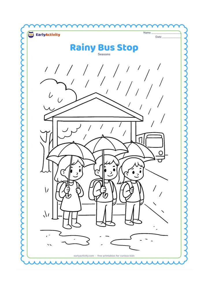 Colouring page: Three children wait under a simple covered bus shelter with umbrellas and backpacks while rain falls around them. Show a puddled roadside, a leafy tree, and a bus approaching in the…