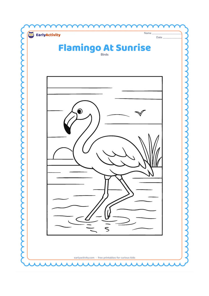 Colouring page: Draw a flamingo walking through shallow water at sunrise, with a low sun, horizontal sky bands, distant reeds and reflections beneath the bird. Include a second small bird shape in the…