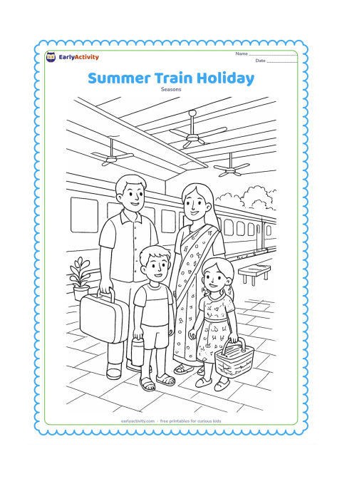 Colouring page: A family waits at an Indian railway platform for a summer holiday, carrying a suitcase, a water bottle and a picnic basket. Show a stationary train with plain blank panels, a shaded…