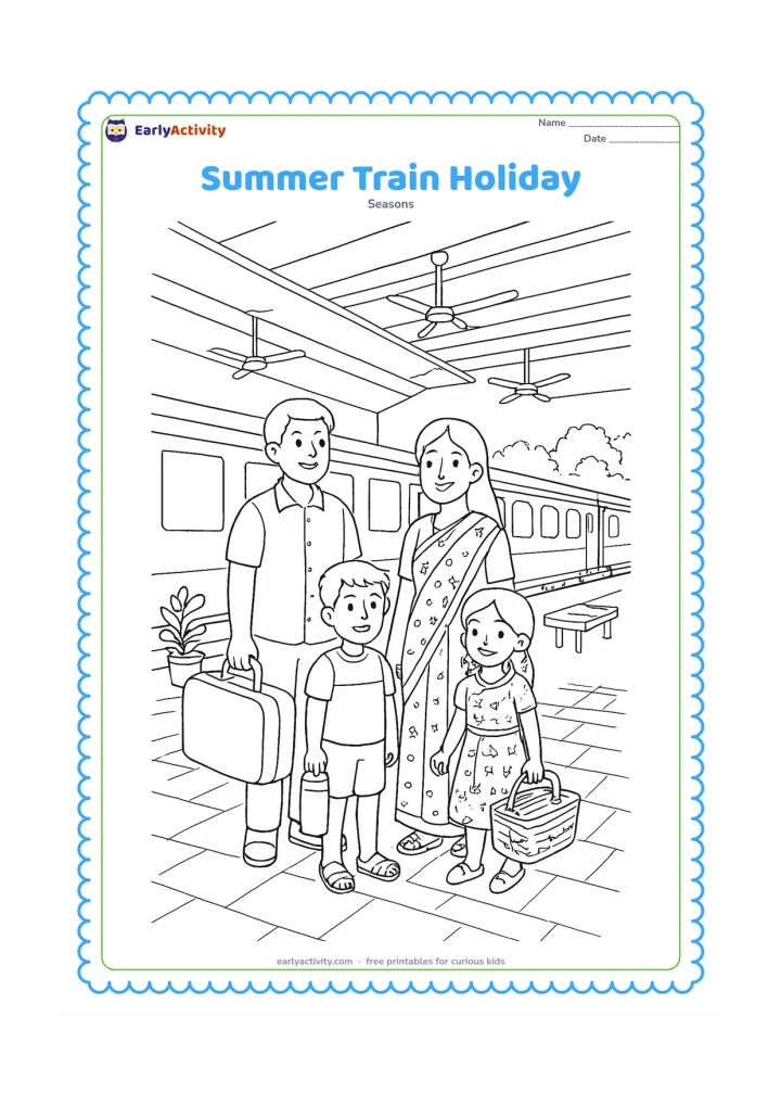 Colouring page: A family waits at an Indian railway platform for a summer holiday, carrying a suitcase, a water bottle and a picnic basket. Show a stationary train with plain blank panels, a shaded…
